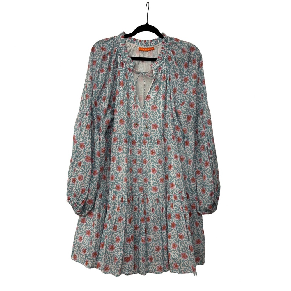 Oliphant Block Print Tiered Mini Dress Tunic Floral Blue Pink XL - Picture 2 of 6